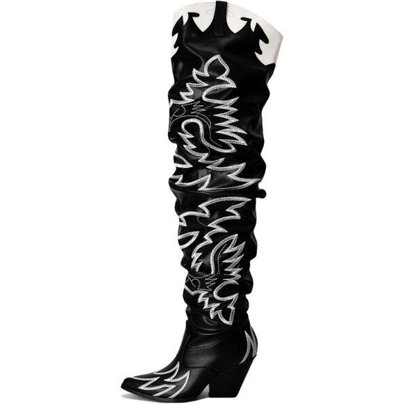 Women Pu Black Faux Leather Over The Knee Cowgirl Chunky Block Heel Fashion Boot